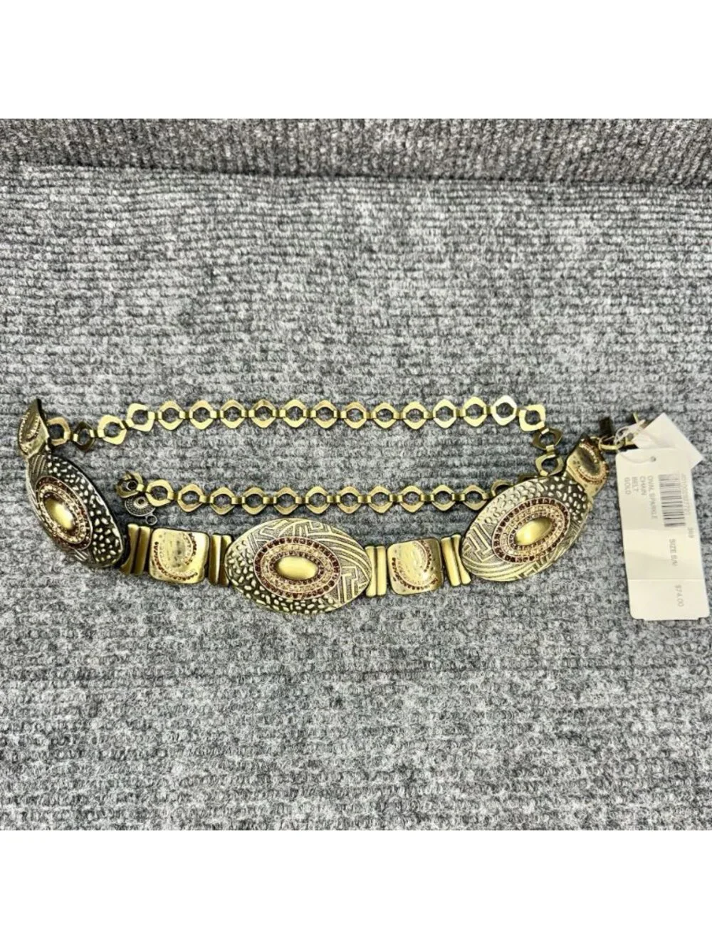 Chicos Metal Rhinestone Chain Link Belt Size Small/Medium Gold Tone Oval Chunky